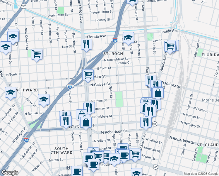 map of restaurants, bars, coffee shops, grocery stores, and more near 2103 Spain Street in New Orleans
