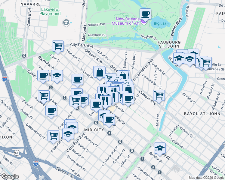 map of restaurants, bars, coffee shops, grocery stores, and more near 512 David Street in New Orleans