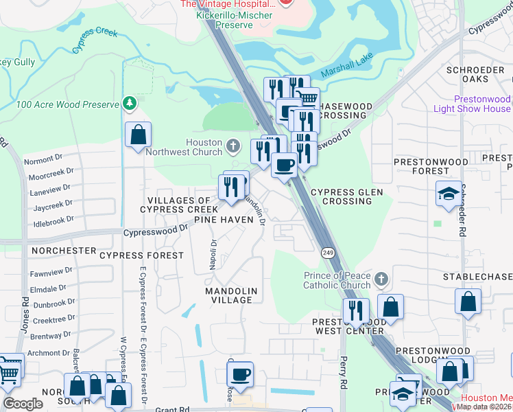 map of restaurants, bars, coffee shops, grocery stores, and more near 13925 Mandolin Drive in Houston