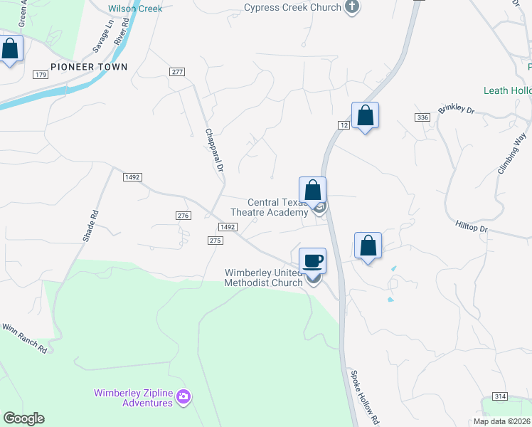map of restaurants, bars, coffee shops, grocery stores, and more near 234 Cedar Hollow in Wimberley