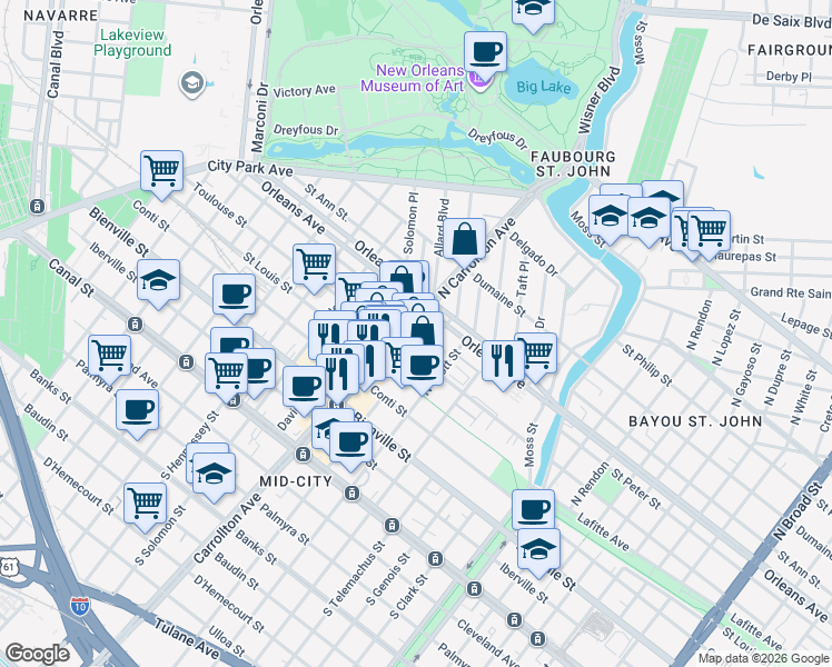 map of restaurants, bars, coffee shops, grocery stores, and more near 729 North Carrollton Avenue in New Orleans