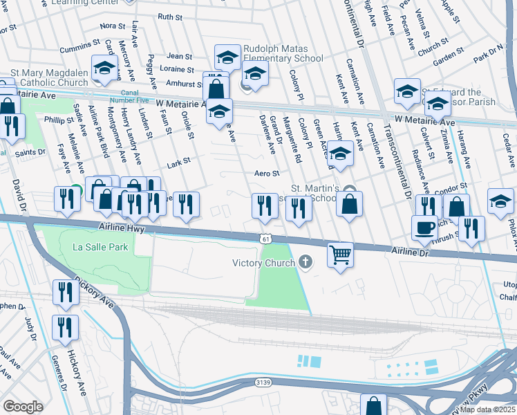 map of restaurants, bars, coffee shops, grocery stores, and more near 409 Elise Avenue in Metairie