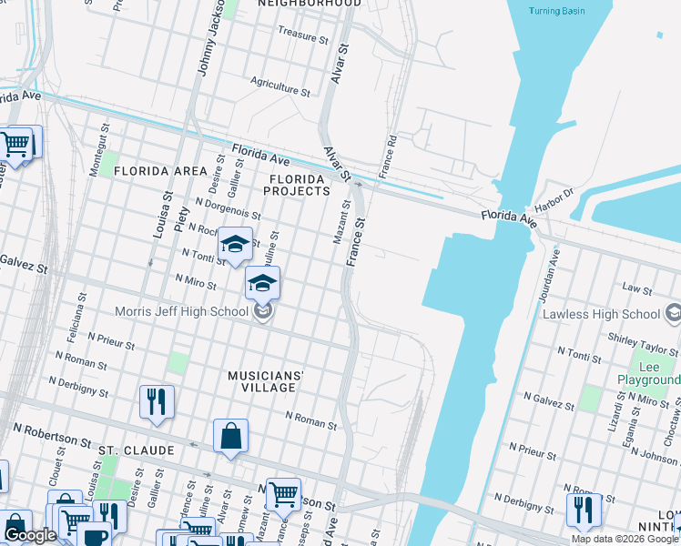 map of restaurants, bars, coffee shops, grocery stores, and more near 2407 Mazant Street in New Orleans