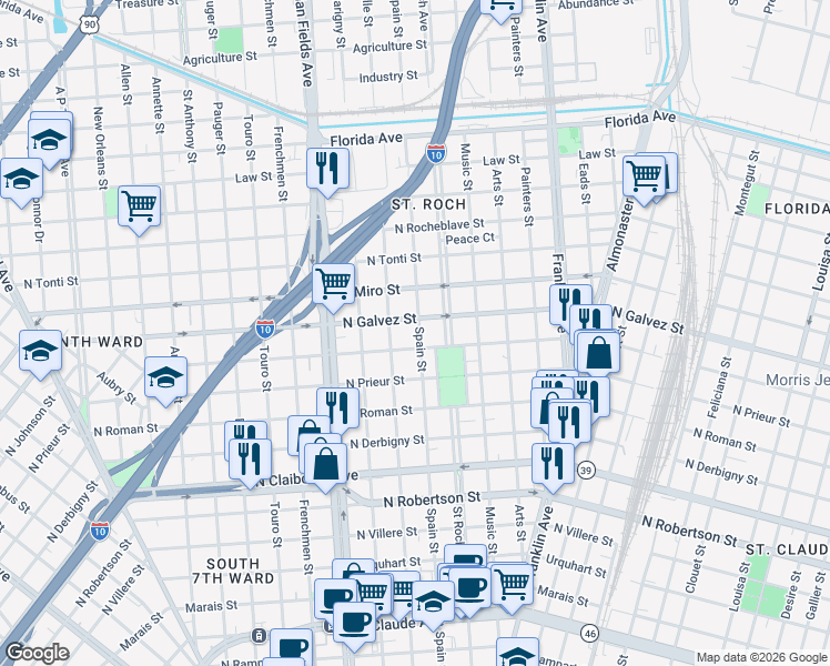 map of restaurants, bars, coffee shops, grocery stores, and more near 2103 Spain Street in New Orleans