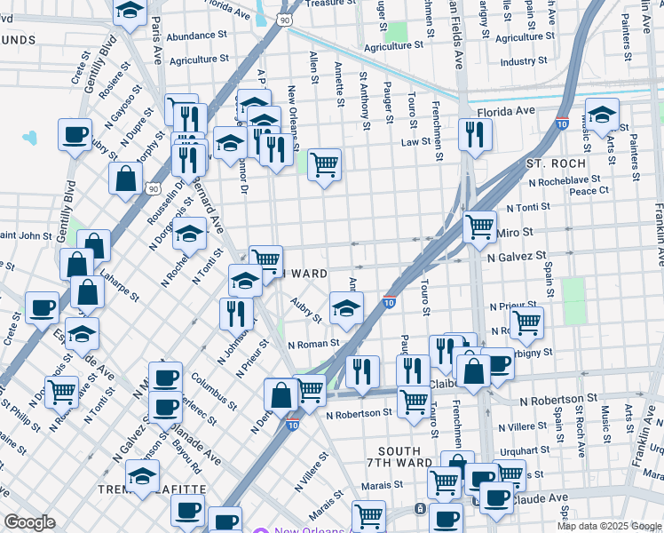 map of restaurants, bars, coffee shops, grocery stores, and more near 2129 Allen Street in New Orleans