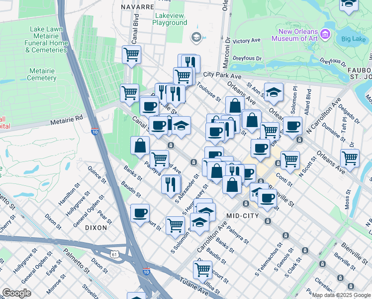map of restaurants, bars, coffee shops, grocery stores, and more near 132 North Olympia Street in New Orleans
