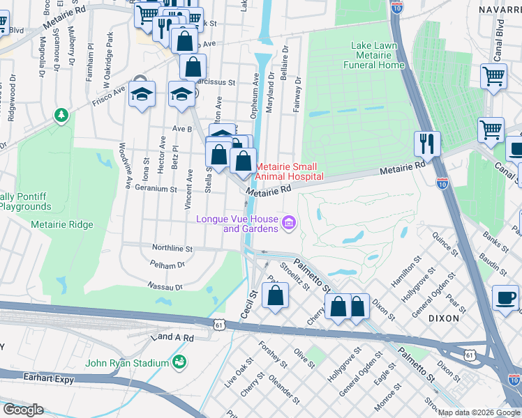 map of restaurants, bars, coffee shops, grocery stores, and more near 818 Metairie Road in New Orleans
