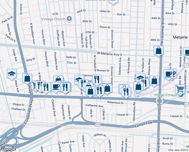 map of restaurants, bars, coffee shops, grocery stores, and more near 3826 Roman Street in Metairie