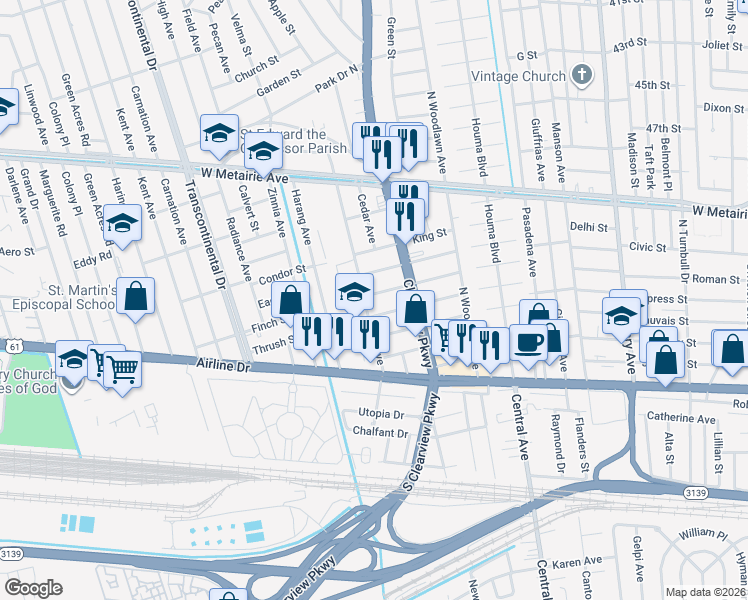 map of restaurants, bars, coffee shops, grocery stores, and more near 4517 Prairie Street in Metairie