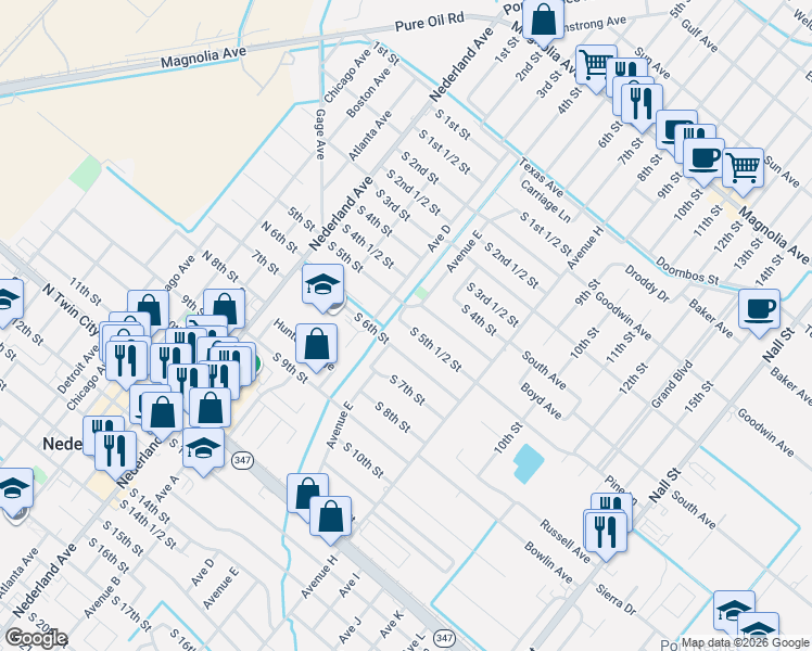 map of restaurants, bars, coffee shops, grocery stores, and more near 507 South 5th 1/2 Street in Nederland