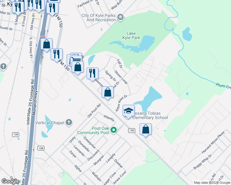 map of restaurants, bars, coffee shops, grocery stores, and more near 1144 Estival Drive in Kyle