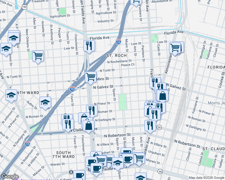 map of restaurants, bars, coffee shops, grocery stores, and more near 2103 Spain Street in New Orleans