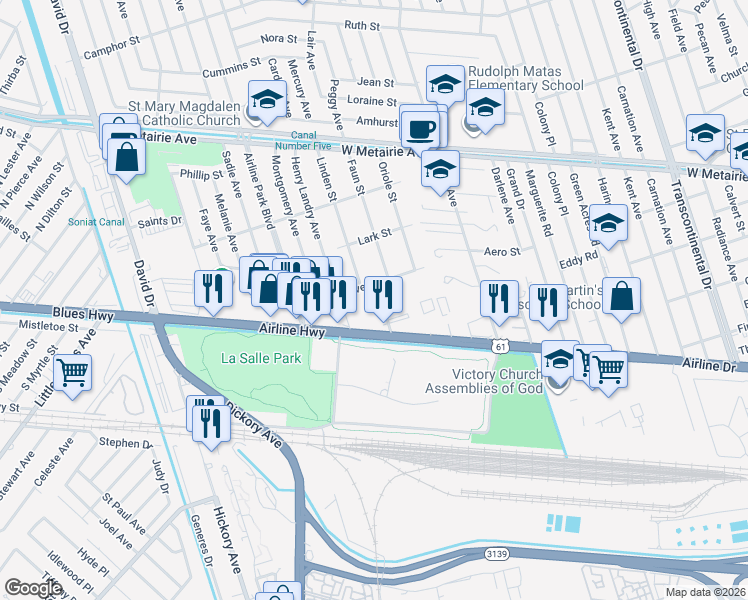 map of restaurants, bars, coffee shops, grocery stores, and more near 6200 Mitchell Avenue in Metairie