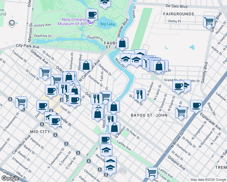 map of restaurants, bars, coffee shops, grocery stores, and more near 930 Harding Drive in New Orleans