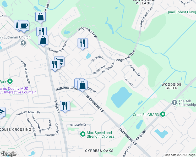 map of restaurants, bars, coffee shops, grocery stores, and more near 14510 Milestone Lane in Cypress