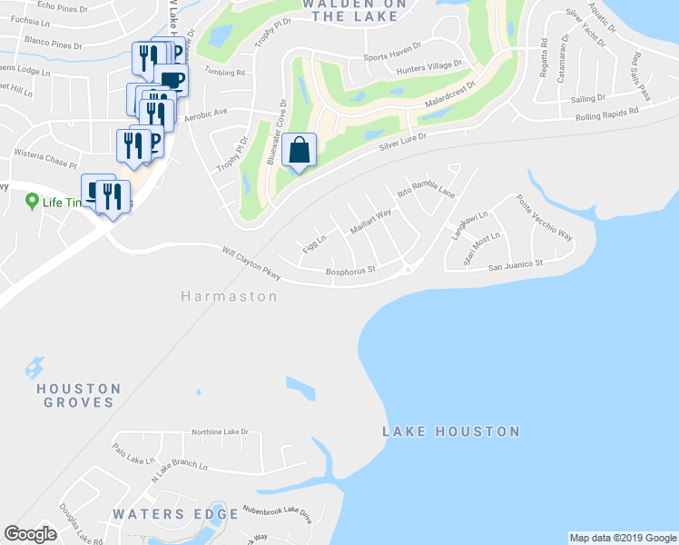map of restaurants, bars, coffee shops, grocery stores, and more near Bosphorus Street in Houston