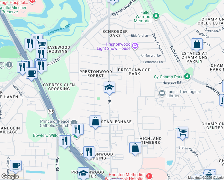 map of restaurants, bars, coffee shops, grocery stores, and more near 13822 Schroeder Road in Houston