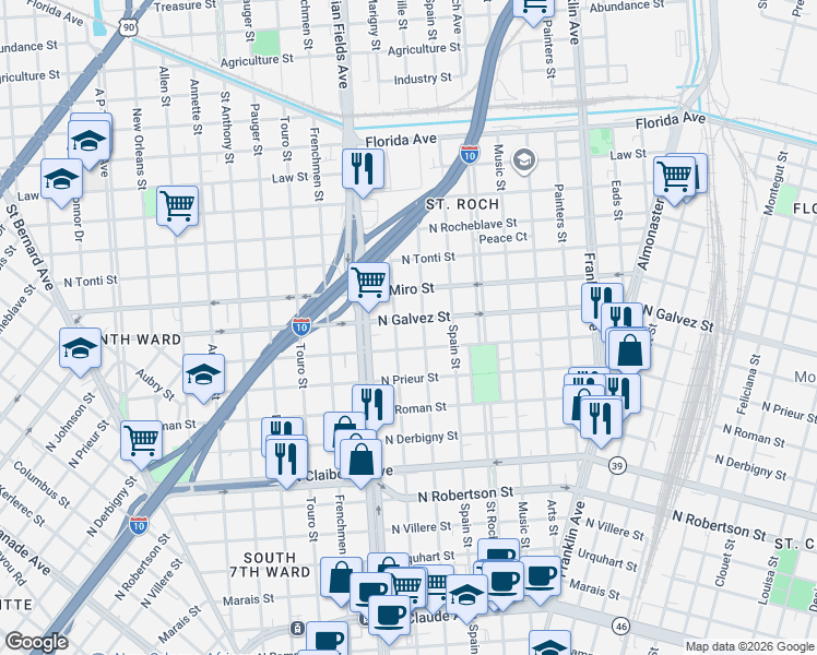 map of restaurants, bars, coffee shops, grocery stores, and more near 2267 North Galvez Street in New Orleans