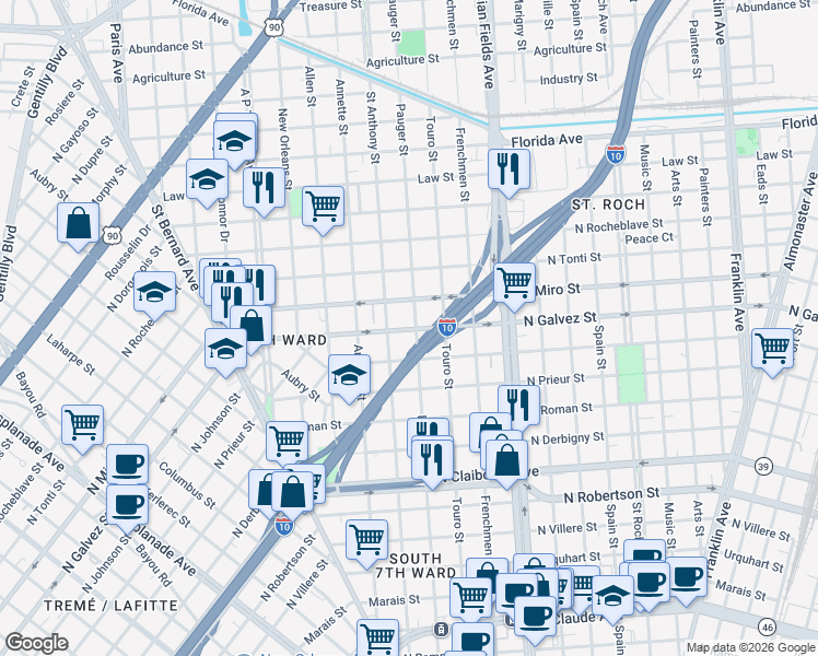 map of restaurants, bars, coffee shops, grocery stores, and more near 2822 Pauger Street in New Orleans