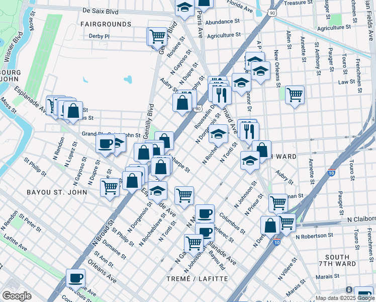 map of restaurants, bars, coffee shops, grocery stores, and more near in New Orleans