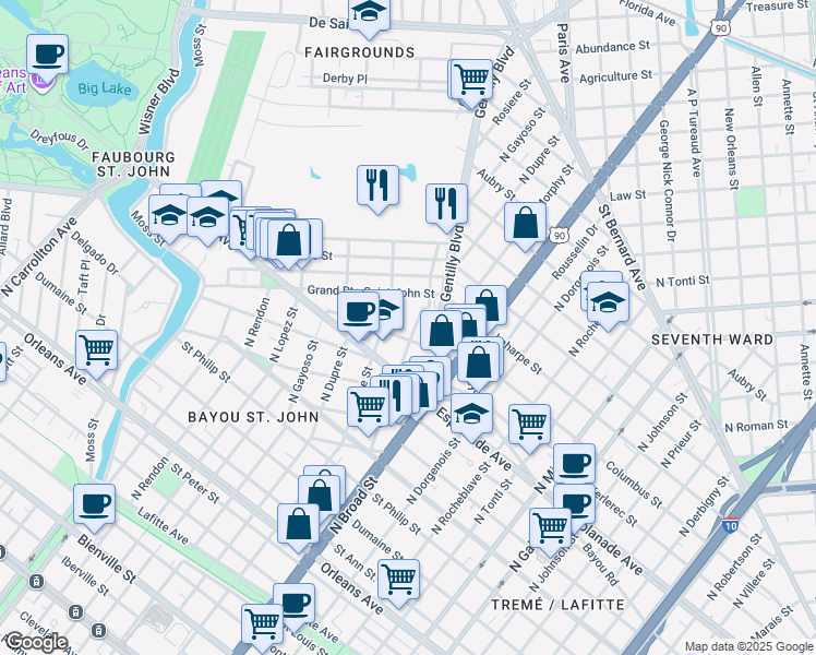 map of restaurants, bars, coffee shops, grocery stores, and more near 1464 North White Street in New Orleans