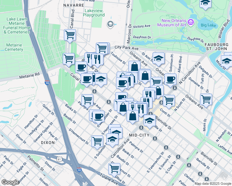 map of restaurants, bars, coffee shops, grocery stores, and more near 4438 Bienville Street in New Orleans