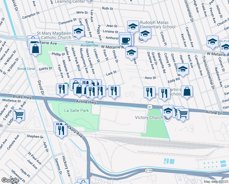 map of restaurants, bars, coffee shops, grocery stores, and more near 6200 Mitchell Avenue in Metairie