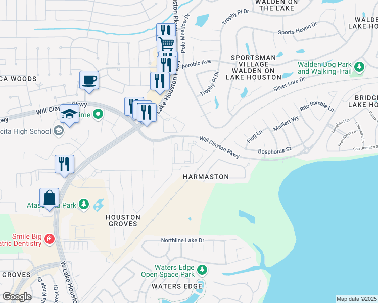 map of restaurants, bars, coffee shops, grocery stores, and more near Bridges of Lake Houston Boulevard in Atascocita