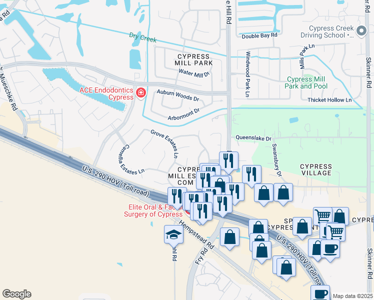 map of restaurants, bars, coffee shops, grocery stores, and more near 18114 Mallard Estates Court in Cypress