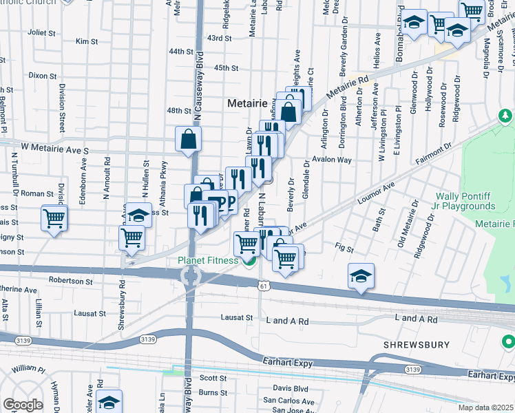 map of restaurants, bars, coffee shops, grocery stores, and more near 2621 Labarre Lane in Metairie