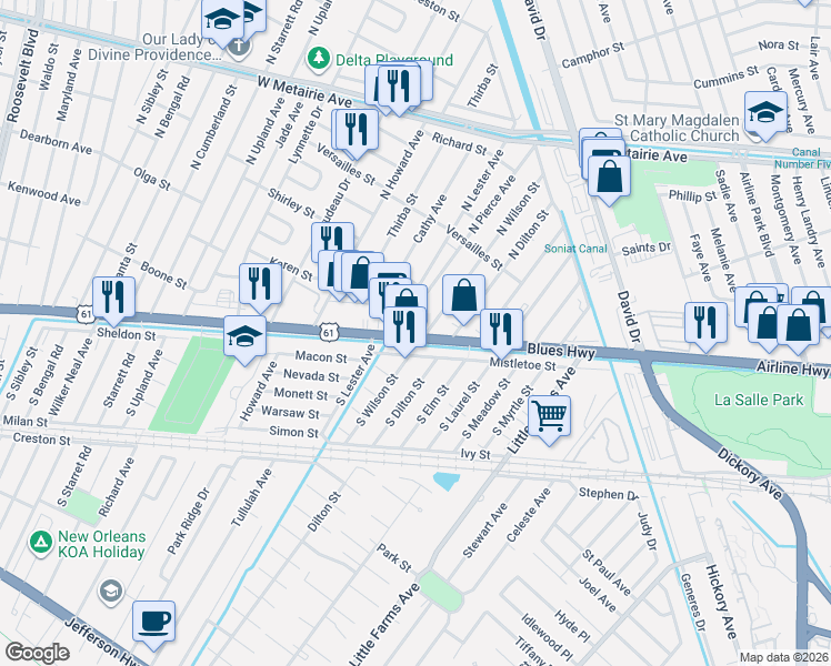 map of restaurants, bars, coffee shops, grocery stores, and more near 509 Cathy Avenue in Metairie