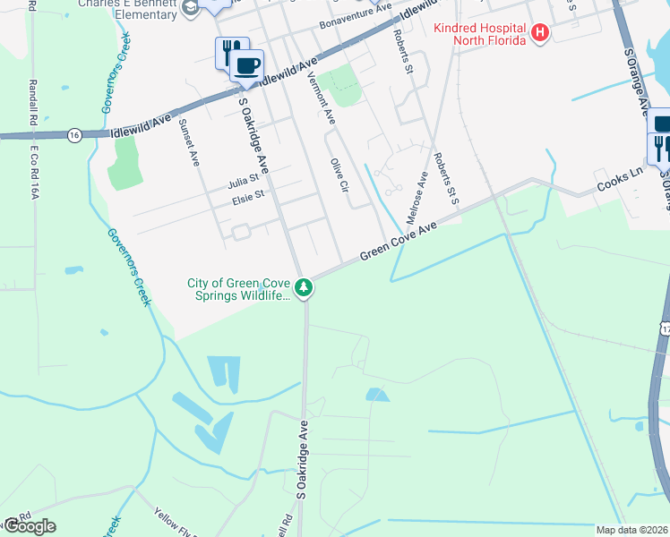map of restaurants, bars, coffee shops, grocery stores, and more near 1510 Green Cove Avenue in Green Cove Springs