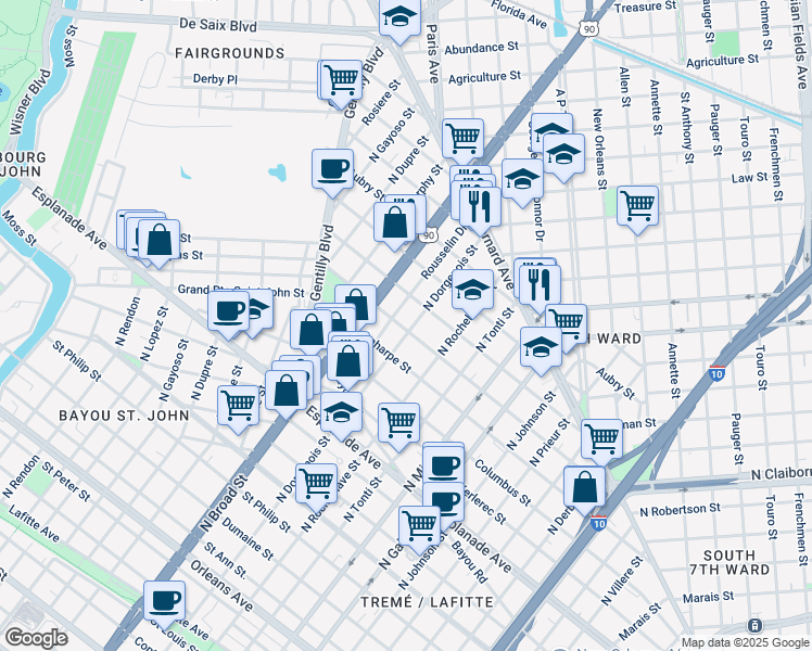 map of restaurants, bars, coffee shops, grocery stores, and more near in New Orleans