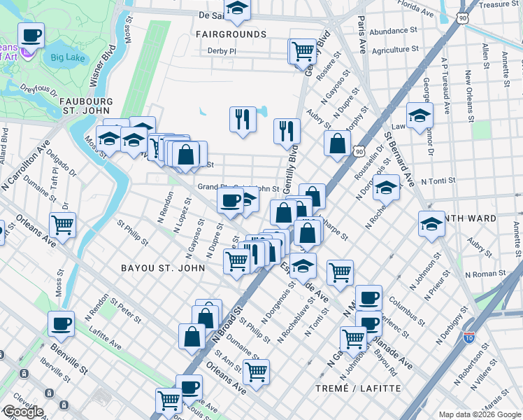 map of restaurants, bars, coffee shops, grocery stores, and more near 1464 North White Street in New Orleans