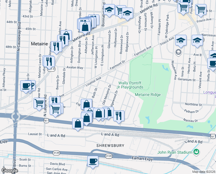 map of restaurants, bars, coffee shops, grocery stores, and more near 700 Old Metairie Drive in Metairie