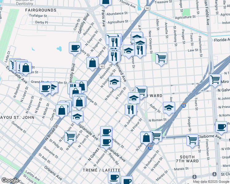 map of restaurants, bars, coffee shops, grocery stores, and more near 1651 North Tonti Street in New Orleans