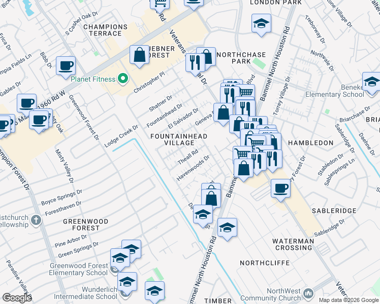 map of restaurants, bars, coffee shops, grocery stores, and more near 4710 Theall Road in Houston