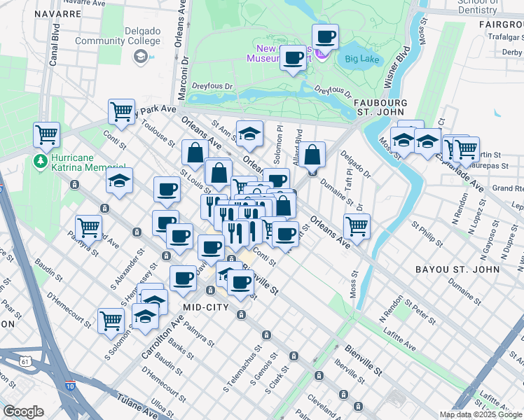 map of restaurants, bars, coffee shops, grocery stores, and more near 610 David Street in New Orleans