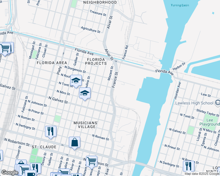 map of restaurants, bars, coffee shops, grocery stores, and more near 2407 Mazant Street in New Orleans