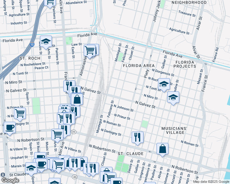 map of restaurants, bars, coffee shops, grocery stores, and more near 2132 Feliciana Street in New Orleans