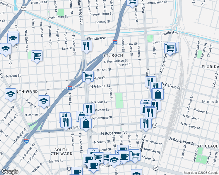 map of restaurants, bars, coffee shops, grocery stores, and more near 2103 Spain Street in New Orleans