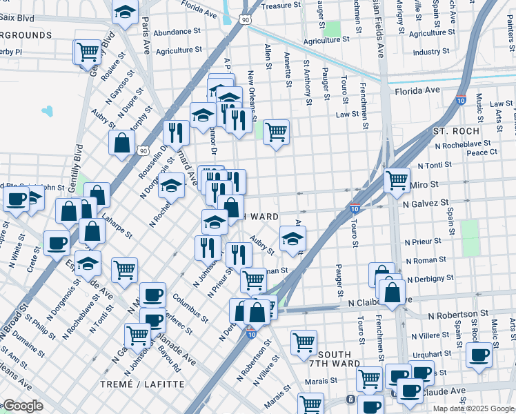 map of restaurants, bars, coffee shops, grocery stores, and more near 2138 New Orleans Street in New Orleans
