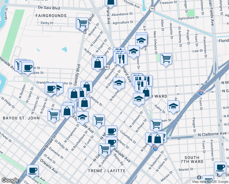 map of restaurants, bars, coffee shops, grocery stores, and more near 1661 North Rocheblave Street in New Orleans