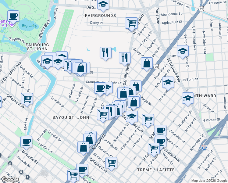 map of restaurants, bars, coffee shops, grocery stores, and more near 1464 North White Street in New Orleans