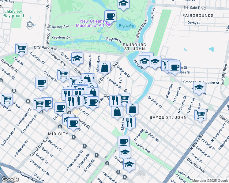 map of restaurants, bars, coffee shops, grocery stores, and more near 841 Roosevelt Place in New Orleans