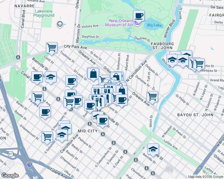 map of restaurants, bars, coffee shops, grocery stores, and more near 610 David Street in New Orleans
