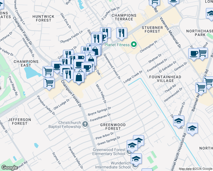 map of restaurants, bars, coffee shops, grocery stores, and more near 5334 Lawn Arbor Drive in Houston