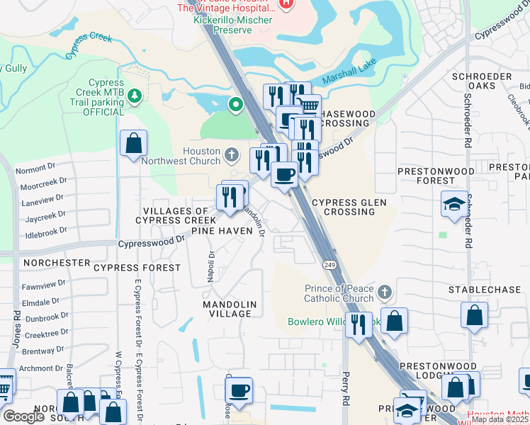 map of restaurants, bars, coffee shops, grocery stores, and more near 10203 Cypresswood Drive in Houston