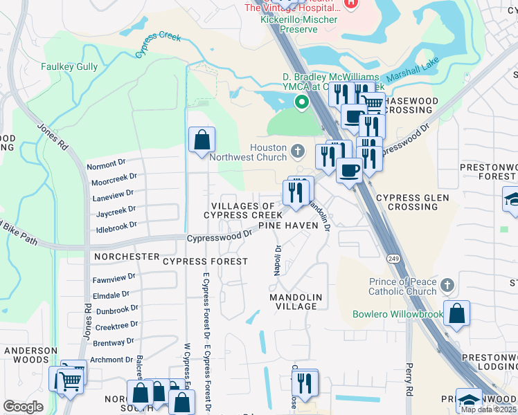 map of restaurants, bars, coffee shops, grocery stores, and more near 10300 Cypresswood Drive in Houston