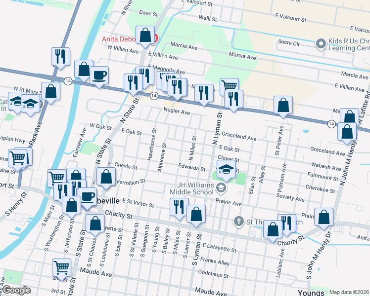 map of restaurants, bars, coffee shops, grocery stores, and more near 810 East Oak Street in Abbeville
